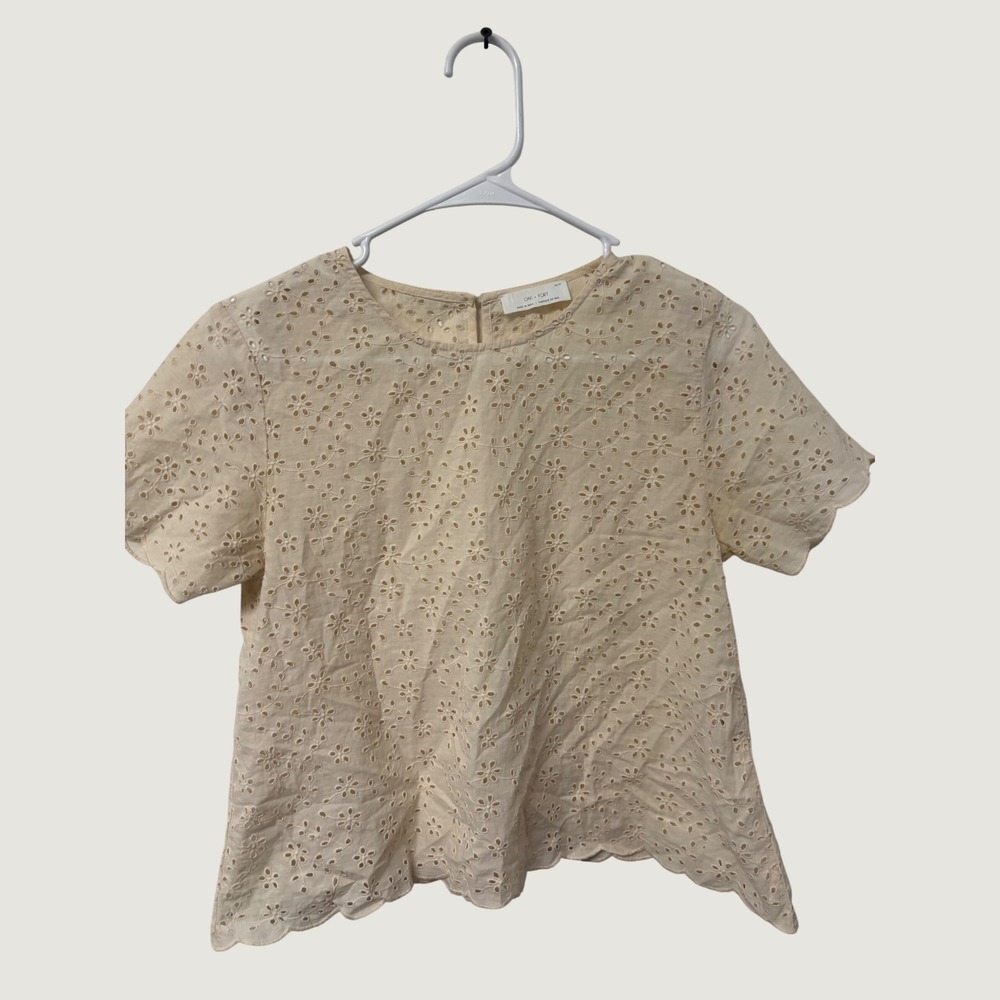 Oak+Fort Boho Floral Eyelet Cotton Scalloped Hem Blouse Top Minimalist Clean XS